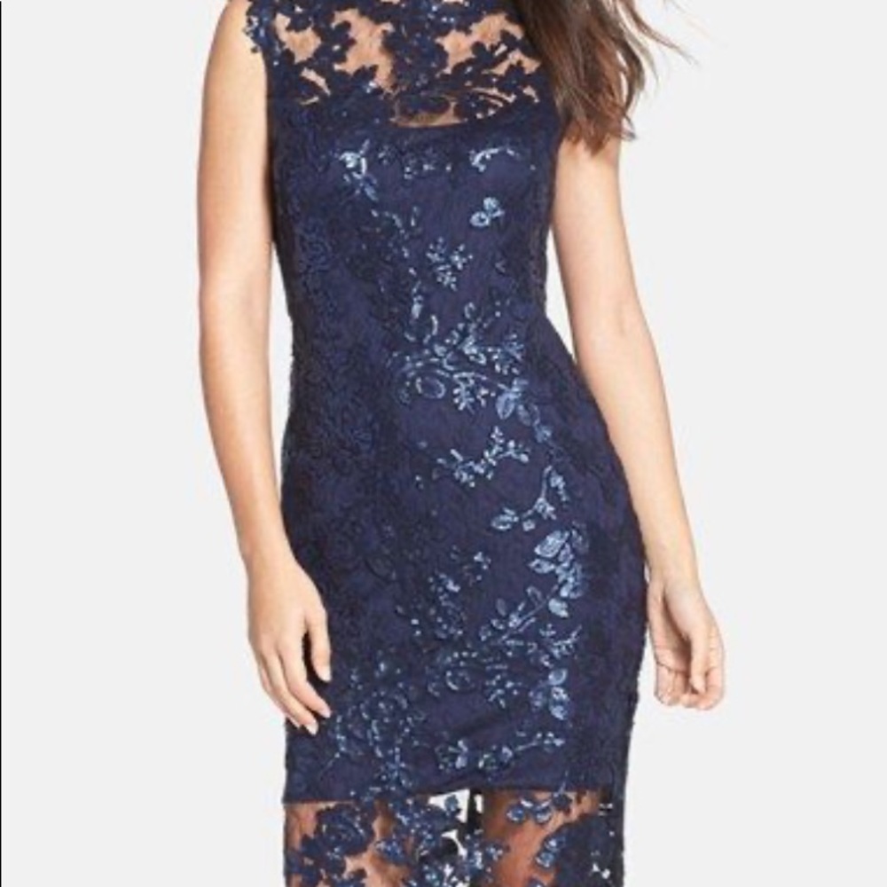 Tadashi Shoji Sequin Illusion sheath blue dress 10